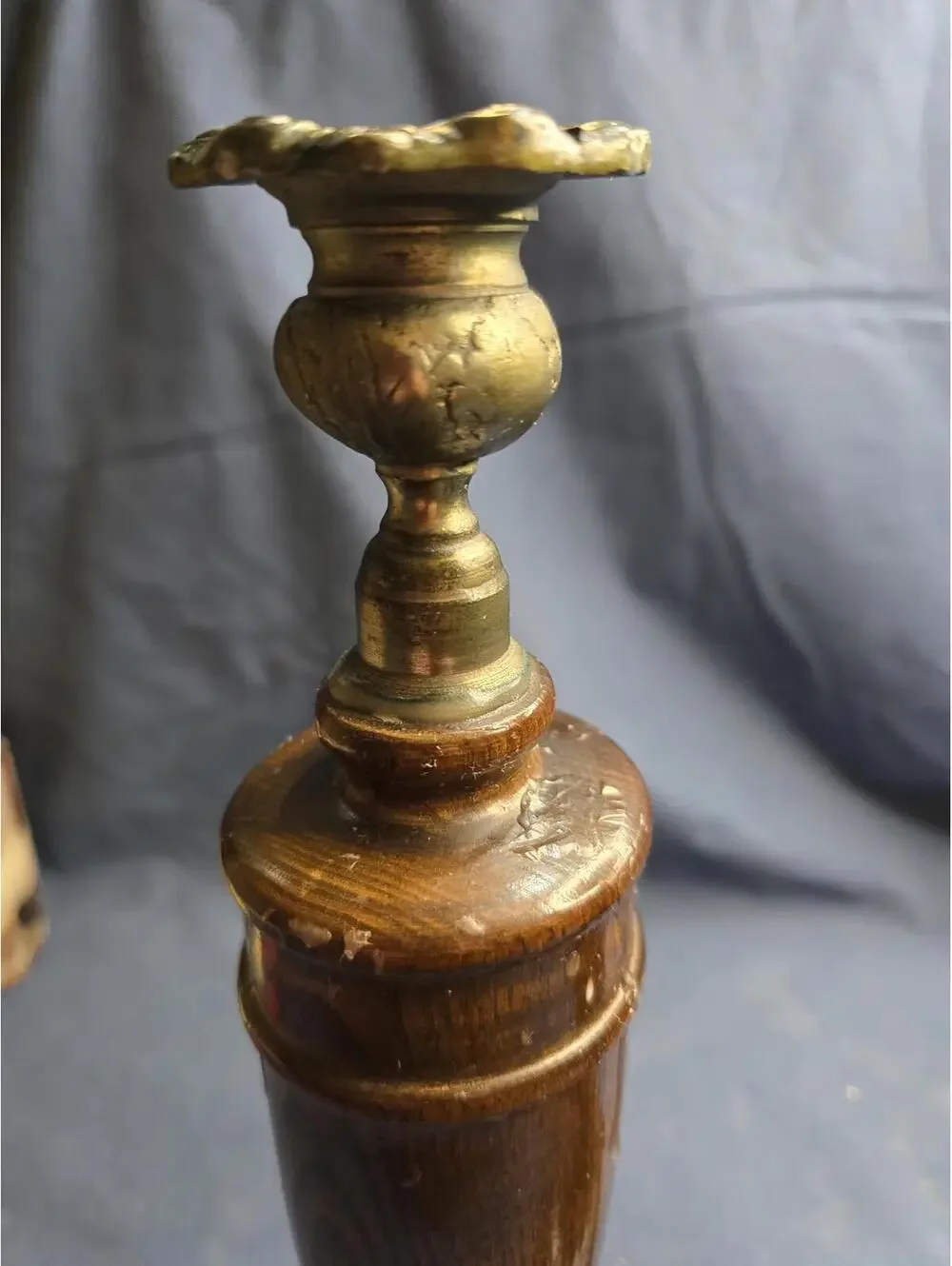 Vintage Rare Pair of English Oak Wood and Pewter Candlestick Holders, 12